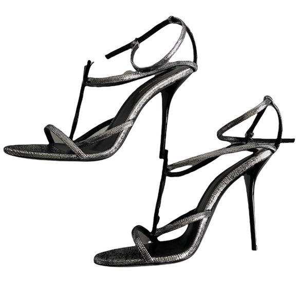 Saint Laurent Cassandra Heels In Metallic Silver Cracked Metal Leather Size 39.5 - Picture 11 of 14